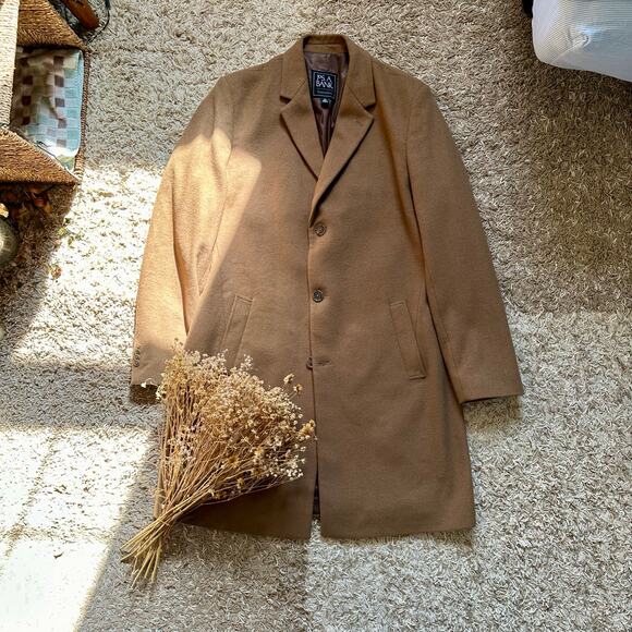 Jos A Bank Beige Wool TopCoat Overcoat Coat Mens Size 42 Long - Picture 1 of 14